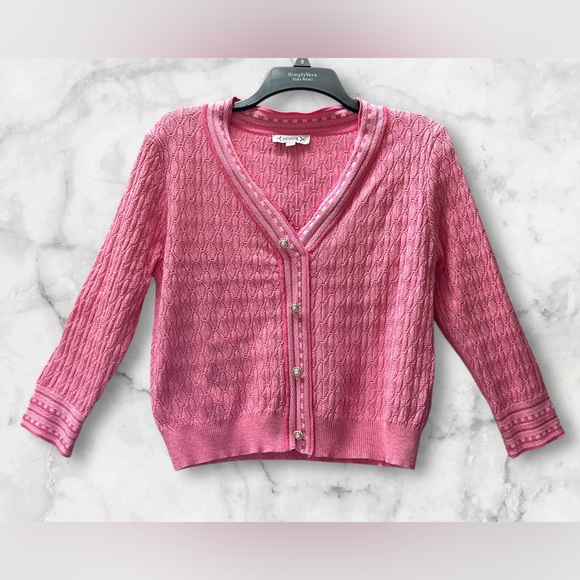 Nanette Lepore Pink Cable Knit Pullover Cardigan Sweater Pearl Buttons Size M - Picture 2 of 10